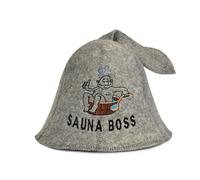 SAUNA GURU Sauna Boss - Gorro de sauna gris, 100 % lana orgánica para la bania rusa, protege tu cabeza del calor, guía electrónica de sauna inglesa incluida, con bordado