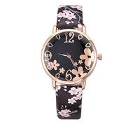 SAUTRV Reloj de cuarzo para mujer, diseño de flores, con estampado de flores, pequeño y fresco en relieve, para mujer, prensa manual, negro, talla única