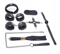 SAUVASFZ Conjunto de bondage conjunto de sujeción conjunto BDSM, conjuntos de bondage de 6 piezas (látigo - esposas - puños de tobillo - collar - antifaz - mordaza), juguetes sexuales Sm parejas extre