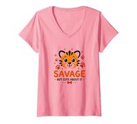 Savage But Cute About It Tiger Cub Paw Camiseta Cuello V, Mujer, Rosado, L