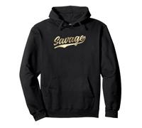 Savage Swoosh Athletic Retro 1970s Baseball Script Fuente Sudadera con Capucha