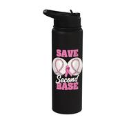Save Second 2nd Base Funny Baseball Breast Cancer Awareness Stainless Steel Insulated Water Bottle