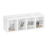 Save Spend Give Bank para niños, Caja de Madera para Ahorrar Dinero con Compartimentos visuales, Caja de Monedas Montessori montada en la Pared de 12, 9x4, 3x3, 5 Pulgadas, Color Blanco