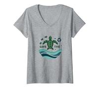 Save The Turtles Conservación del océano Ecológico Camiseta Cuello V, Mujer, Gris Jaspeado, M