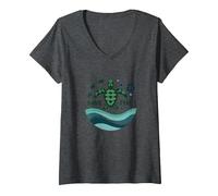 Save The Turtles Conservación del océano Ecológico Camiseta Cuello V, Mujer, Jaspeado Oscuro, L