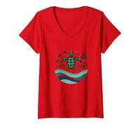 Save The Turtles Conservación del océano Ecológico Camiseta Cuello V, Mujer, Rojo, XL