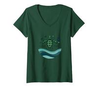 Save The Turtles Conservación del océano Ecológico Camiseta Cuello V, Mujer, Verde Bosque, L