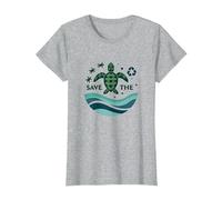 Save The Turtles Conservación del océano Ecológico Camiseta, Mujer, Gris Jaspeado, L