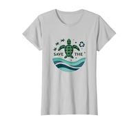 Save The Turtles Conservación del océano Ecológico Camiseta, Mujer, Plata, S