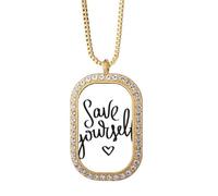 Save Yourself - Collar con colgante de diamantes de cristal dorado con cita Art Deco