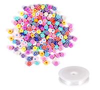 SAVITA 150 Piezas Cuentas de Flores para Pulseras, Cuentas de Arcilla Polimérica Coloridas Cuentas de Flores Sueltas con 1 Rollo de Cuerda Elástica de Cristal para Pulseras Collares y Manualidades