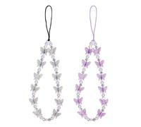 Savita 2 Piezas Correa para Teléfono Móvil con Cuentas, Mariposa de Cristal Colgante para Movil Perlas Cordón de Colgante de Mano para Móvil Teléfono Llavero para Mujeres Niñas (Morado, Blanco)