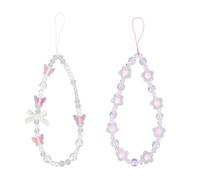 SAVITA 2 Uds Correas Cuentas para Teléfono, Correa Cuentas con Forma Mariposa Flor y Perla de Cristal Cordón Pulsera para Mujer Llavero (Blanco, Rosa, Morado)