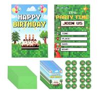 SAVITA 20uds Tarjetas de Invitación Feliz Cumpleaños con Temática Píxeles, con Sobres y Pegatinas Invitaciones de Videojuegos para Celebraciones Cumpleaños Niños y Niñas