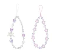 SAVITA 2uds Cadena Teléfonos Móviles con Cuentas, Correa Muñeca Telefono con Cuentas de Mariposa Flor Cristal para Bolso Cámara Funda de Auriculares Decoración(Blanco y Morado)