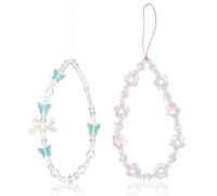 SAVITA 2uds Pulsera Teléfono de Cuentas, Cristal Mariposa Flor Perla Correa Muñeca Cuentas para Teléfono Encanto Llavero Lindo Accesorios para Mujeres (Blanco, Azul)