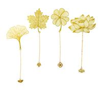 SAVITA 4 Piezas Marcapaginas de Metal con Cadena, Hueco Marcapaginas de Hojas con Trébol Cuatro Hojas Arce Lotus Ginkgo Patrones, Marcapaginas de Flores para Amantes Libros (Dorado, 4 Estilos)