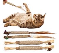 Savita 4 Piezas Palos para Gatos, 2 Tipos de Juguetes para Masticar Hierba Gatera para Gatos Palitos de Plata Natural con Rafia Pluma Juguete de Limpieza de Dientes de Gato