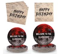 SAVITA 48uds Platos Fiesta, 2 Tamaños Platos Welcome to the Other Side con 24 Servilletas Suministros Divertidos para Fiestas Temáticas Espeluznantes para Decoración Cumpleaños Niños y Adultos