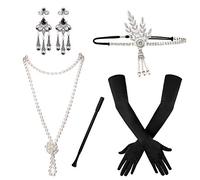 SAVITA 5 Piezas Accesorios de Aleta de Los Años 20 Conjunto de Accesorios de Vestuario Gatsby de Los Años 20 para Mujeres Venda Pendientes Collar de Perlas Guantes Porta Cigarrillos