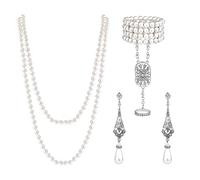 SAVITA Joyas Años 20, 3 Piezas Accesorios Años 20 Mujer Gatsby Flapper Accesorios Flapper Pearls 1920s Faux Pearls Collar y Aretes Juego de Anillos de Pulsera para Gatsby Party Fiesta de Disfraces Muj