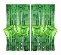 SAVITA Kit Decoración para Fiestas de Píxeles, 2 Cortinas con Flecos de Aluminio Serpentinas y 4 Globos Verdes Videojuegos (Accesorios Fotográficos) para Fiestas Temáticas Píxeles