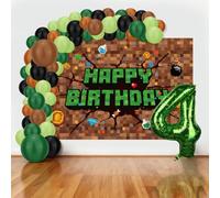 SAVITA Kit Guirnalda Globos Pixelados, Temática Videojuegos Decoración para Fiestas de Cumpleaños de Niños Incluye Pancarta Fondo 150x100 cm y Globo Numérico (4)