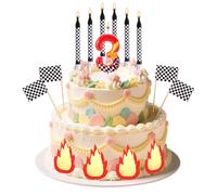 SAVITA Racing Cars Themed Cumpleaños Vela, Rojo Race Car Lightning Número Vela & Blanco y Negro Checked Flag & Fire Flame Toppers Pastel Set Cumpleaños Aniversario Decoración Suministros Fiesta (3)