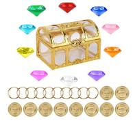 SAVITA Set de Tesoros de Esmeraldas del Caos, Incluye 10uds Gemas Diamante 10 Anillos Poder Dorados y 10 Monedas Oro con Cofre del Tesoro para Fiestas Infantiles y Juegos Búsqueda Tesoro