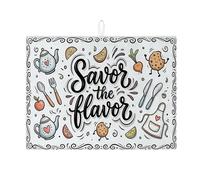 Savor the Flavor - Alfombrillas de secado de platos para mostrador de cocina, tapete absorbente con patrón de alimentos blanco, divertido diseño juguetón, almohadilla de secado de microfibra para