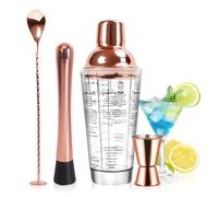 SAVORLIVING Juego de coctelera de vidrio de 14 onzas, kit de 4 piezas de camarero, mezclador de martini con colador integrado, cuchara mezcladora, medidor y mortero (Oro rosa)