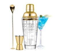 SAVORLIVING Juego de Coctelera de Vidrio de 14oz, Mezclador Margarita con Colador y Medición Jigger y Cuchara Set, Juego de Utensilios de Bar Profesional para Barman y Principiantes (Oro, 3PCS)