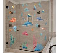 Sawhamale Calcomanía estática de dibujos animados de vida marina para ventana, calcomanía de criaturas marinas de PVC azul para el hogar, cocina, baño, puerta de vidrio, visibilidad de doble cara