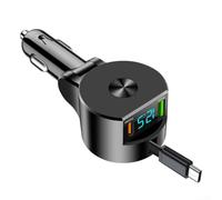 Sawhamale Cargador de coche PD de 66 W con pantalla digital y cable retráctil tipo C de 700 mm - Carga rápida USB dual para iPhone, tabletas, compatible con 12 V/24 V (PD30 W + súper rápido)