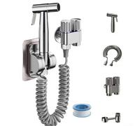 Sawhamale Juego de boquillas de bidé de latón y acero inoxidable con presión ajustable, salida de interruptor doble, rosca G1/2, manguera de 2 m, para limpieza de baño, cuidado del bebé y (plata A)