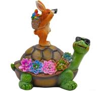 Sawhamale Luces solares de resina de tortuga y conejo, figura de animal pintada a mano con cálido brillo LED, decoración impermeable al aire libre para césped, patio, tortuga de libro de cuentos y