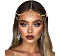 SAWINDA Cadena de lentejuelas doradas, joyería para la frente, colgante para mujer, Halloween, graduación, cadenas de pelo, diademas egipcias para mujeres y niñas, accesorios de diosa griega