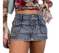 Sawmew Falda de Mezclilla para Mujer Y2K Falda de Mezclilla de Cintura Alta Jeans Mini Falda con Botones Minifalda Plisada Micro Falda Sexy de Verano Falda Lápiz E-Girl Streetwear