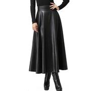 Sawmew Falda Midi De Cuero Sintético Para Mujer, Cintura Alta, Color Sólido, Falda Plisada De Una Línea, Falda Larga Acampanada De Cuero(3XL)