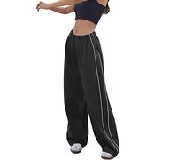 Sawmew Women's Low Rise Baggy Parachute Pants, Y2k Cargo Pants Wide Leg Sweatpants Casual Loose Pants (Color : Black, Size : L)