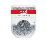 SAX Clips de papel de 3,5 cm, 75 unidades, clips de metal para documentos, papeles, caja de plástico con cierre de seguridad, organización de suministros de oficina