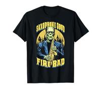 Saxofón Buen Fuego Malo Divertido Saxofonista Música Frankenstein Camiseta