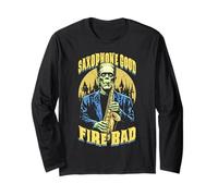 Saxofón Buen Fuego Malo Divertido Saxofonista Música Frankenstein Manga Larga