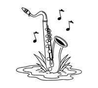 Saxofón creciendo en el jardín con notas musicales, arte de instrumento musical caprichoso Pegatinas de pared 42x46.9cm Decoración de tiendas Negro