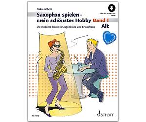 Saxofón Jugar mi schönstes Hobby Band 1 con CD - La moderna escuela de saxofón para jóvenes y adultos, para enseñar y autoestudio de Dirko Juchem con pinza para partituras