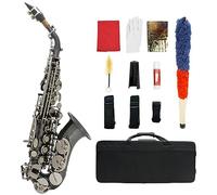 Saxofón soprano plano en Si bemol curvado con estuche de transporte, boquilla, almohadillas, caña, kit de limpieza, correa for el cuello, guantes blancos, saxofón en si bemol for estudiantes, principi