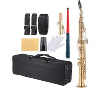 Saxofón soprano recto de latón Bb B instrumento de viento de madera plano con estuche de transporte, guantes, paño de limpieza, correas de varilla