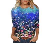 Saxrel Camisetas para mujer, mangas 3/4 de longitud, estampado floral, cuello redondo, blusas de verano, blusa suelta, estilo primavera, tops para mujer, talla grande, suéter para mujer, sudaderas
