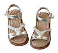 Saxrel Sandalias de punta abierta con detalles de lazo de perlas para niñas, sandalias casuales - Hebilla ajustable, suela de goma antideslizante suave, zapatos de 1 a 8 años para verano, juego al