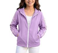 Saxrel Sudadera con capucha y cremallera para niñas, manga con lazo, bonita sudadera casual con bolsillo canguro para 4-15 años, escuela, salidas diarias, caminatas, viajes, 1 morado., 6-7 años